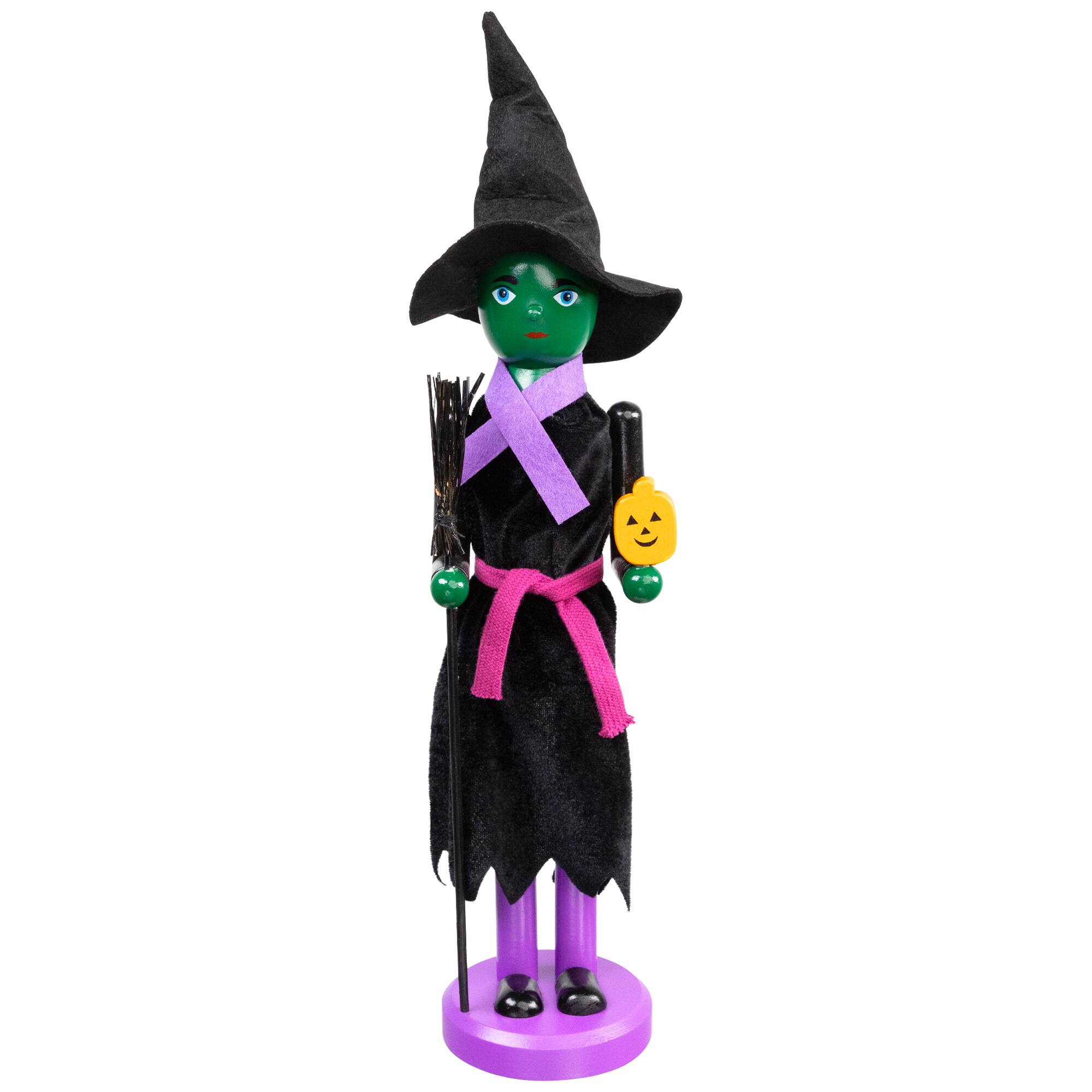 Green Wooden Witch Holding Broom & Jack-O-Lantern Halloween Nutcracker